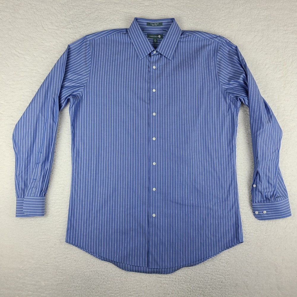 Nordstrom Dress Shirt Mens‎ 17 36/37 Blue Striped Trim Fit Non Iron Button Up